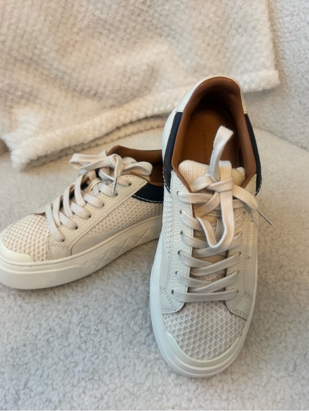 Tory Burch Cream and Navy Lace-Up Mesh Sneakers